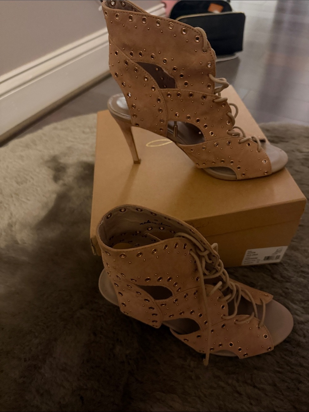 Joie Tan Lace-Up Studded Open-Toe Stiletto Heels